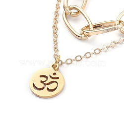 304 Stainless Steel Paperclip Chains Pendants Tiered Necklaces, Double Layered Necklaces, with Lobster Claw Clasps, Flat Round with Om Symbol, 13.4 inch (34cm), Flat Round: 14.5x11.5x1mm(NJEW-JN02765-01)
