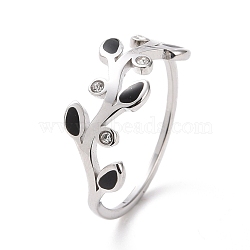 Crystal Rhinestone Leaf Finger Ring with Enamel, 304 Stainless Steel Jewelry for Women, Stainless Steel Color, US Size 6~8(16.5~18mm)(RJEW-D120-20P)