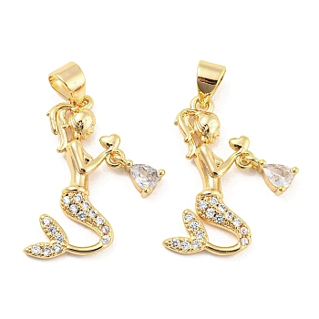 Brass Micro Pave Clear Cubic Zirconia Pendants, Mermaid Charms, Real 18K Gold Plated, 21.5x13x3mm, Hole: 5x3.2mm