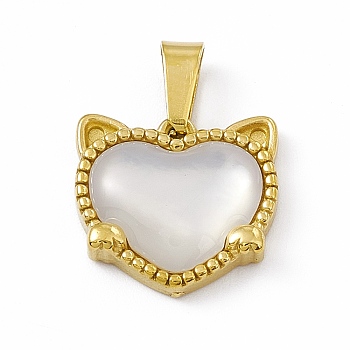 Natural Shell Heart Charms with Cat Ear, with Vacuum Plating 304 Stainless Steel Findings, Golden, 13x14x4mm, Hole: 6x3mm