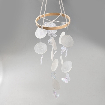 Dyed Natural Shell Slices Wind Chimes, with ABS Plastic Butterfly, Blessing Hanging Pendant, for Garden Patio Balcony Decoration, White, 640mm
