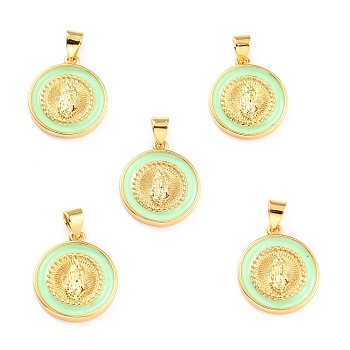 Brass Enamel Pendants, Cadmium Free & Lead Free, Long-Lasting Plated, Flat Round with Virgin Mary, Real 18K Gold Plated, Pale Green, 18x16x2.5mm, Hole: 4.5x3.5mm