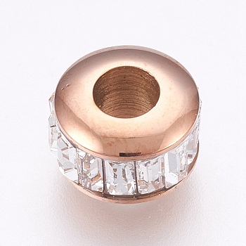 304 Stainless Steel European Beads, Large Hole Beads, with Rhinestone, Flat Round, Rose Gold, 10.5x7mm, Hole: 4.5mm