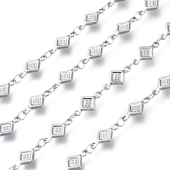 304 Stainless Steel Rhombus Link Chains, Soldered, Stainless Steel Color, 12x6x1.5mm