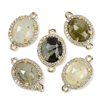 Natural Prehnite Faceted Oval Links, Rack Plating Brass Micro Pave Clear Cubic Zirconia Connector Charms, Golden, 17.5x11x4.5mm, Hole: 1.5mm