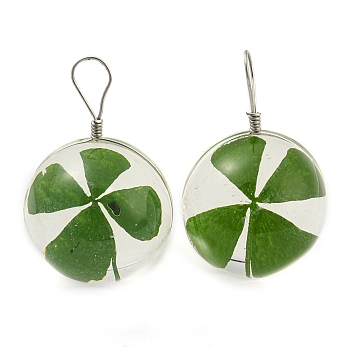 Platinum Brass with Glass Pendants, Clover Pattern Charms, Long-Lasting Plated, Round, 31x20x21mm, Hole: 4x7mm
