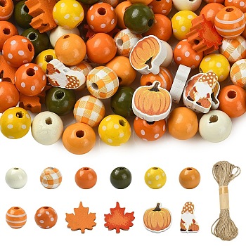 100Pcs 12 Styles Spray Painted Natural Wood Beads, Mixed Shapes, with 1Bundle Jute Cord, Mixed Color, 16mm, Hole: 4mm