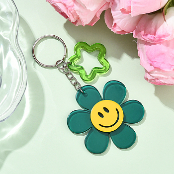 Sunflower with Smiling Face & Star Transparent Acrylic Keychains, with Iron Split Key Rings, Platinum, Dark Green, 105mm