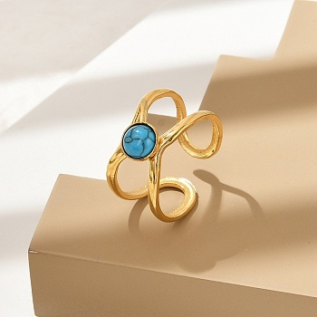 Natural Turquoise Finger Rings, 304 Stainless Steel Open Cuff Rings, Real 18K Gold Plated, Round, 7mm, Adjustable