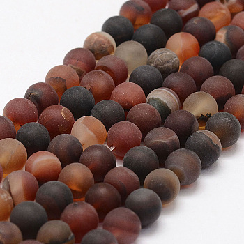 Frosted Natural Agate Beads Strands, Round, Dyed & Heated, Orange Red, 10mm, Hole: 1mm, about 38pcs/strand, 15.1 inch
