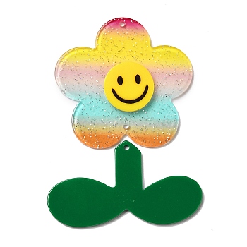 Acrylic Big Pendants with Glitter Powder, Flower with Leaf, Colorful, 61x62.5x4.5mm, Hole: 2.5mm