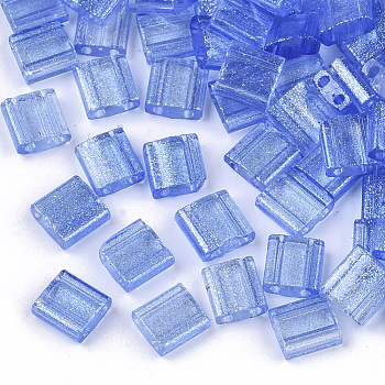 2-Hole Glass Seed Beads, Transparent Spray Painted, with Glitter Powder, Rectangle, Dodger Blue, 5x4.5~5.5x2~2.5mm, Hole: 0.5~0.8mm