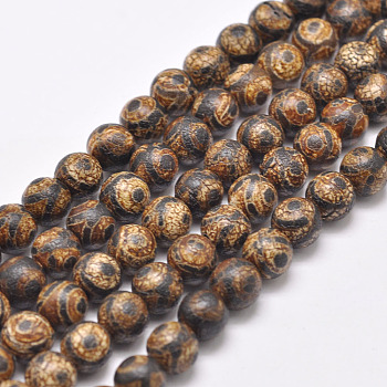 Tibetan Style 3-Eye dZi Beads Strands, Natural & Dyed Agate Beads, Round, Saddle Brown, 8mm, Hole: 1mm, about 48pcs/strand, 16 inch