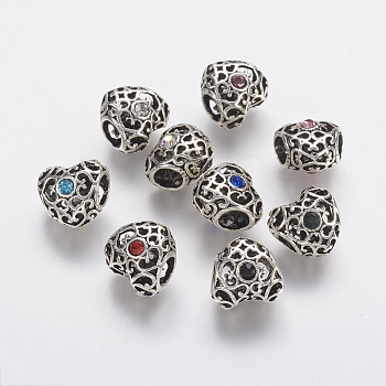 Tibetan Style Alloy Rhinestone European Beads, Large Hole Beads, Hollow Heart, Antique Silver, Mixed Color, 12x12.5x9.5mm, Hole: 5mm