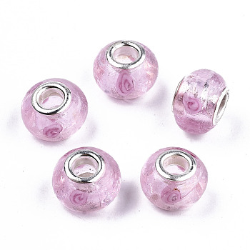 Transparent Handmade Lampwork European Beads, Large Hole Beads, with Silver Color Brass Double Cores, Rondelle, Pink, 14.5x10mm, Hole: 5mm