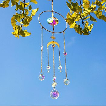 Glass Round Pendant Decorations, Hanging Suncatchers, with Brass Ring, for Home Garden Decorations, Moon & Sun, Colorful, 450mm