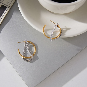 304 Stainless Steel Stud Earrings, C-Shaped, with Cubic Zirconia Chain Tassel, Golden, 45mm