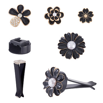 Iron Air Vent Clips, Plastic Card Slot, Alloy Enamel Cabochons, with Rhinestone, Flower, Black, 48.5x13x13mm, Hole: 3x3mm