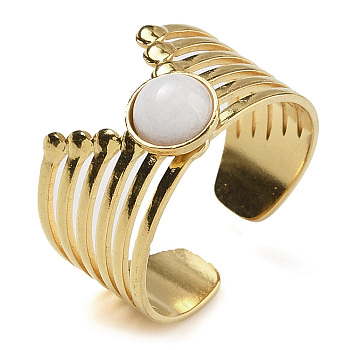 Natural White Jade Finger Rings, 304 Stainless Steel Multi-layer Open Cuff Rings, Real 18K Gold Plated, 13.5mm, Adjustable