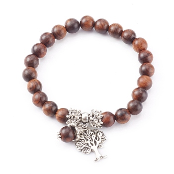Tibetan Style Alloy Charm Bracelets, with Round Natural Wood Beads, Tree of Life, Antique Silver, Coconut Brown, Inner Diameter: 2-1/8 inch(5.5cm)