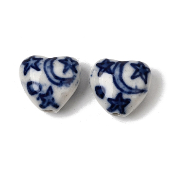 Handmade Porcelain Beads, Heart Shape, Blue and White Porcelain, Moon, 13.5~14x14.5~15x8~9.5mm, Hole: 1.6mm