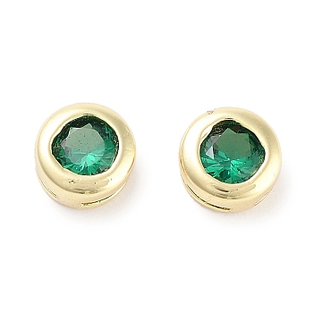 Brass with Single Cubic Zirconia Slide Charms, Flat Round, Real 18K Gold Plated, Green, 5.5x3.5mm, Hole: 3x0.6mm