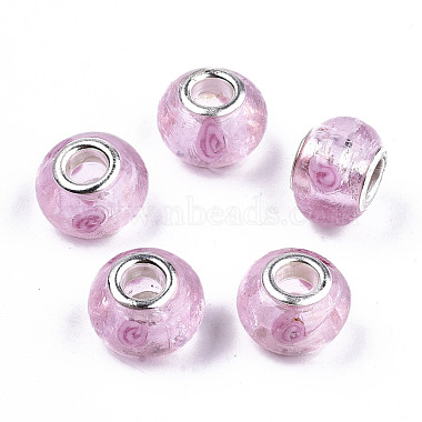 Pink Rondelle Lampwork+Brass Core European Beads