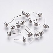 304 Stainless Steel Stud Earring Findings, with Loop, Half Round, Stainless Steel Color, 16mm, Hole: 1mm, Pin: 0.7mm(STAS-P196-03)