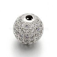 CZ Brass Micro Pave Cubic Zirconia Round Beads, Platinum, 14mm, Hole: 1.5mm(ZIRC-L017-05P)