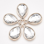 UV Plating Acrylic Pendants, with Acrylic Rhinestone, Faceted, Teardrop, Light Gold, Clear, 25x16x4.5mm, Hole: 2mm(OACR-T005-84KC-09)