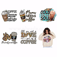 6Pcs 6 Styles Coffee Theme Plastic Heat Transfer Film Logo Stickers Set, for DIY T-Shirt, Bags, Hats, Jackets, Drink, 160~190x214~220mm, 1pc/style(DIY-WH0230-129)