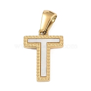 Natural White Shell Alphabet Pendants, Ion Plating(IP) Real 18K Gold Plated 304 Stainless Steel Charms, Letter T, 17x11.5x1.5mm, Hole: 5x3mm(STAS-M338-02G-T)