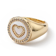 Clear Cubic Zirconia Heart Adjustable Ring with Enamel, Brass Jewelry for Women, Cadmium Free & Lead Free, Real 18K Gold Plated, Inner Diameter: 17mm(RJEW-C039-03)