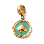 Ion Plating(IP) 304 Stainless Steel Enamel European Dangle Charms, Large Hole Pendants, Flat Round with Spade Pattern, Golden, Light Sea Green, 25mm, Pendant: 15x14x2.5mm, Hole: 4.5mm(STAS-G308-29G-02)