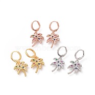 Brass Micro Pave Cubic Zirconia Dangle Hoop Earrings, Coconut Tree, Mixed Color, 31mm, Pin: 0.9mm(EJEW-F233-08)