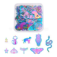 36Pcs 9 Style Ion Plating(IP) 201 Stainless Steel Filigree Pendants, Etched Metal Embellishments, Laser Cut, Animal, Rainbow Color, 16~63x11~48x0.2~1mm, Hole: 1.2~2.5mm, 4pcs/style(STAS-CW0001-05)
