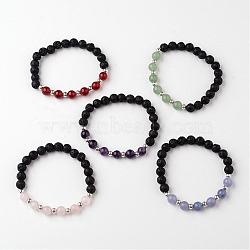 Natural Lava Rock Beaded Stretch Bracelets, with Gemstone Beads and Tibetan Style Alloy Beads, 55mm(BJEW-JB02293)