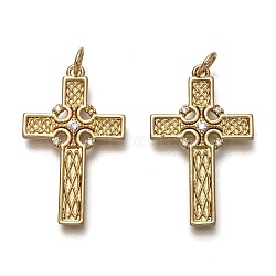 Brass Micro Pave Clear Cubic Zirconia Pendants, with Jump Rings, for Religion, Long-Lasting Plated, Claddagh Cross, Real 18K Gold Plated, 27.5x17x2mm, Jump Ring: 5.5x1mm, 3.5mm Inner Diameter(ZIRC-L098-033G)