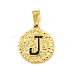 Ion Plating(IP) 304 Stainless Steel Enamel Pendants, Golden, Flat Round with Letter Charm, Letter J, 21x18x2mm, Hole: 8x3.5mm(STAS-R231-19J-G)
