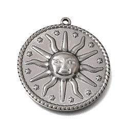 304 Stainless Steel Pendants, Flat Round with Sun Charms, Stainless Steel Color, 29.5x27x3.3mm, Hole: 1.4mm(SA-CBA27E8-01P)