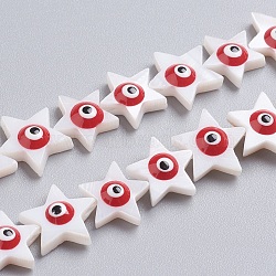 Natural Shell Beads Strands, with Enamel, Star with Evil Eye, Red, 10.5~12x10.5~12x4mm, Hole: 0.6mm, about 40pcs/Strand, 15.8 inch(40cm)(SSHEL-I024-01B)