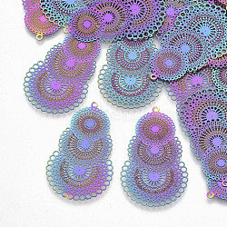 Ion Plating(IP) 304 Stainless Steel Filigree Pendants, Etched Metal Embellishments, Rainbow Color, 40x24.5x0.3mm, Hole: 1mm(STAS-R102-10)