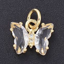 Brass Micro Pave Clear Cubic Zirconia Pendant, with Glass, Butterfly, Golden, Clear, 12.5mm(ZIRC-P079-B01-17)