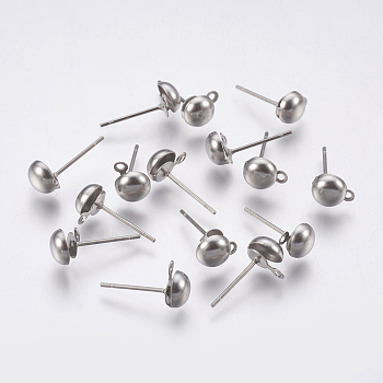 304 Stainless Steel Stud Earring Findings, with Loop, Half Round, Stainless Steel Color, 16mm, Hole: 1mm, Pin: 0.7mm