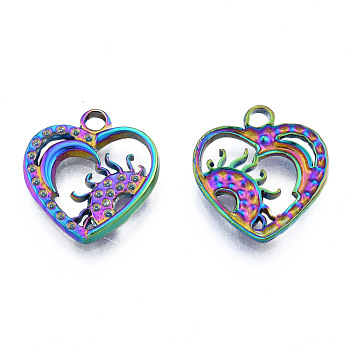 304 Stainless Steel Pendant Rhinestone Settings, Heart with Sun, Rainbow Color, Fit For 1mm Rhinestone, 19x17x2mm, Hole: 2mm