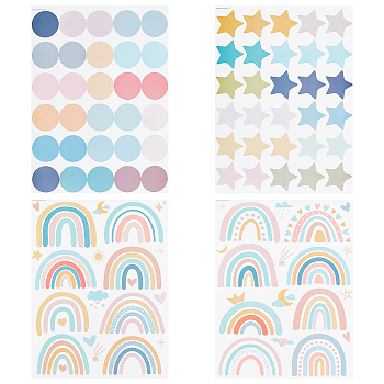 4 Sheet 4 Styles Waterproof Vinyl Wall Stickers, Self-Adhesive Decals, for DIY Bedroom, Indoor Decorations, Rectangle with Rainbow & Round & Star Pattern, Mixed Color, Mixed Patterns, 300x220x0.15mm, Stickers: 40~69x40~108mm, 1 sheet/style