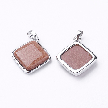 Synthetic Goldstone Pendants, with Brass Findings, Rhombus, Platinum, 25x29x7mm, Hole: 5x7mm, 18x18mm