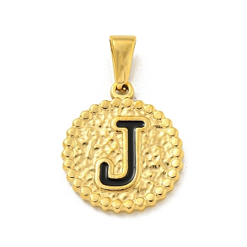 Ion Plating(IP) 304 Stainless Steel Enamel Pendants, Golden, Flat Round with Letter Charm, Letter J, 21x18x2mm, Hole: 8x3.5mm