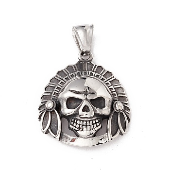 304 Stainless Steel Pendant, Skull, Antique Silver, 32x27.5x8mm, Hole: 8mm