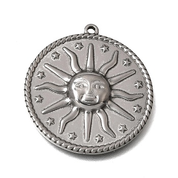 304 Stainless Steel Pendants, Flat Round with Sun Charms, Stainless Steel Color, 29.5x27x3.3mm, Hole: 1.4mm